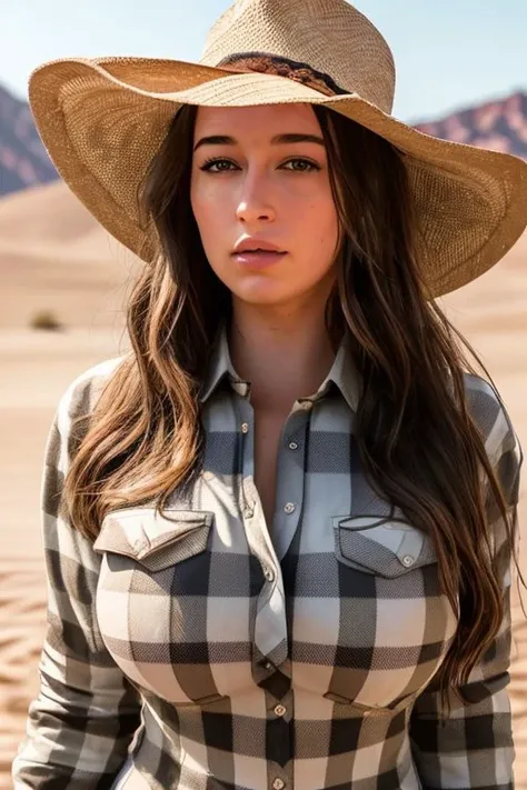 close up photo of elshwt:0.99, dressed as a cow girl, ((plaid shirt with cleavage)), standing in the desert, looking off in the ditance,(photorealistic:1.4),best quality,realistic, masterpiece, an extremely delicate and beautiful, CG,extremely detailed ,highres, extremely detailed,,beautiful detailed girl, realistic, beautiful detailed eyes, light on face, cinematic lighting