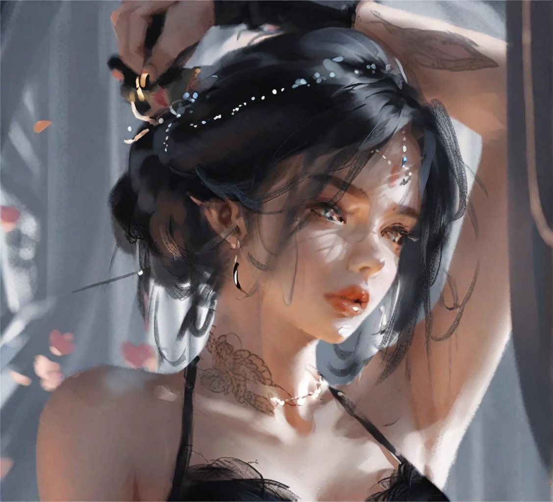 wgz style,portrait of a beautiful women highly detailed,Bust portrait of a girl in a black bra