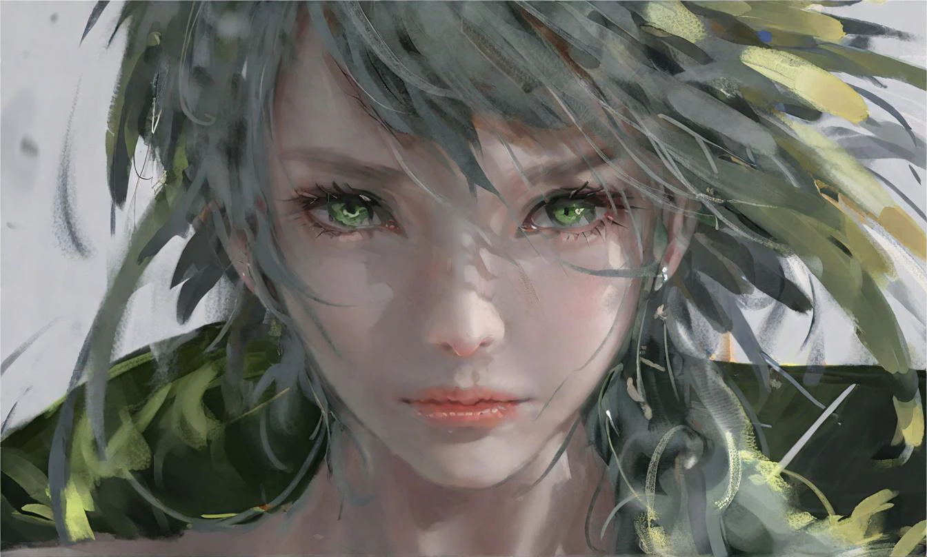 wgz style,portrait of a beautiful women highly detailed green yees Super close-up focus