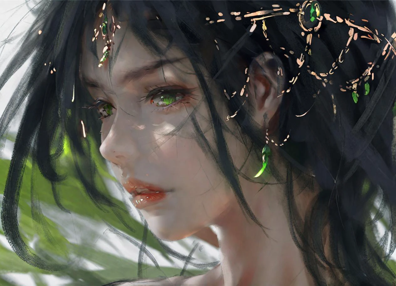 wgz style,portrait of a beautiful women highly detailed green yees Super close-up focus,black hair