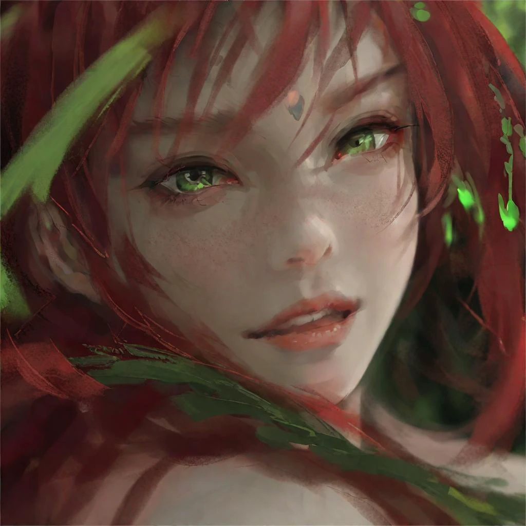 wgz style,portrait of a beautiful women highly detailed green yees Super close-up focus,red hair