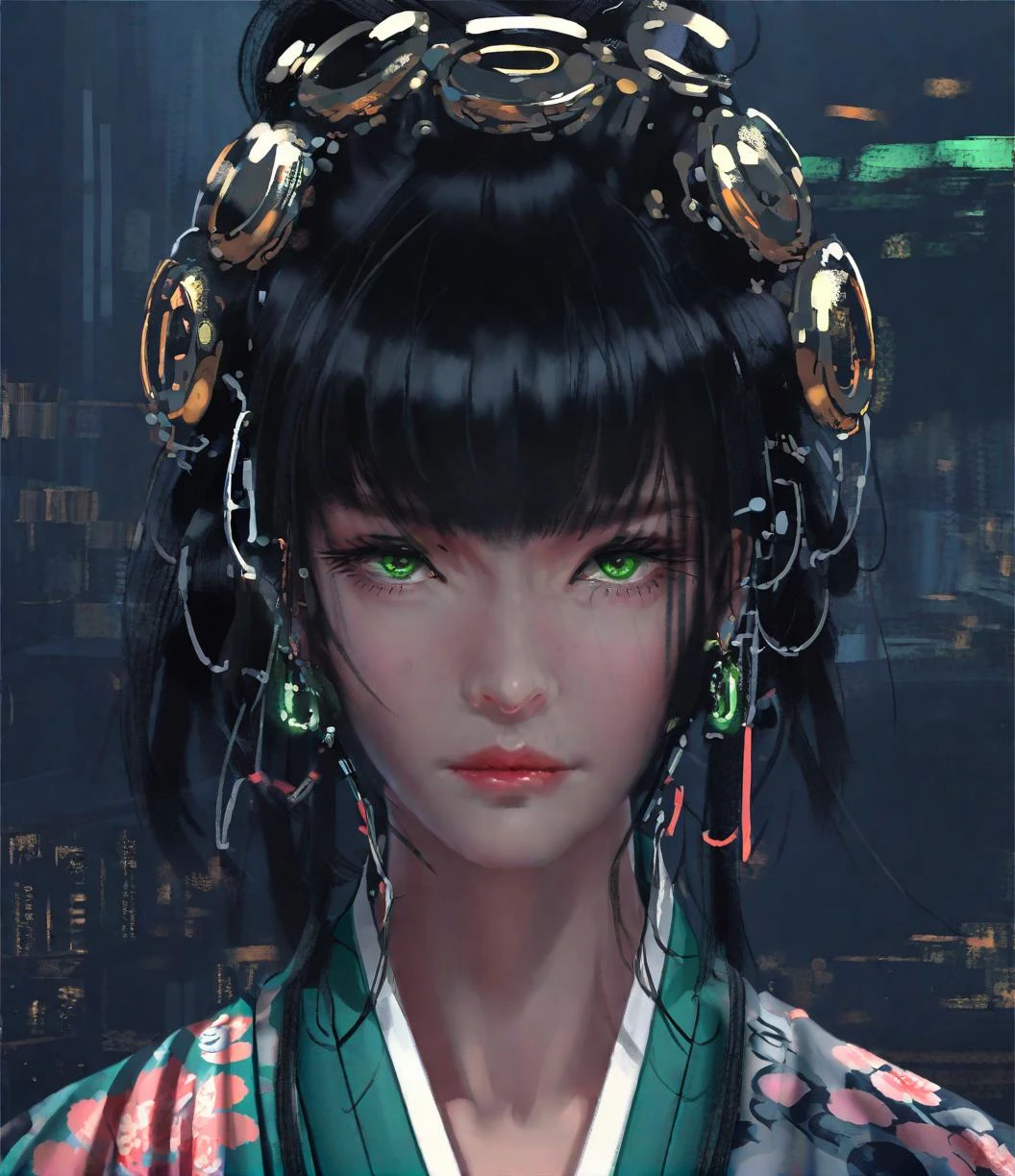 wgz style,portrait of a beautiful women highly detailed,Black hair, kimono ,suit,cyberpunk,Green eyes