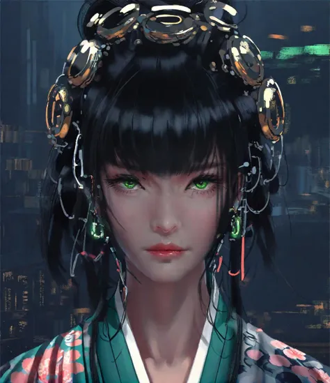 wgz style,portrait of a beautiful women highly detailed,Black hair, kimono ,suit,cyberpunk,Green eyes