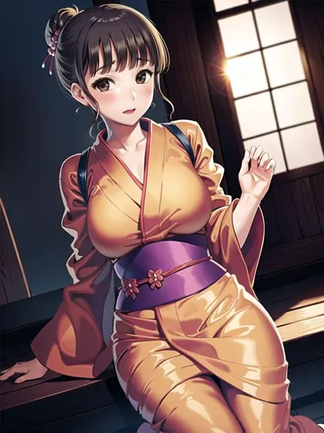 1girl, solo,(best quality),(masterpiece:1.1), full body, looking_at_viewer, dynamic angle, orange kimono, cute, clear facial skin,