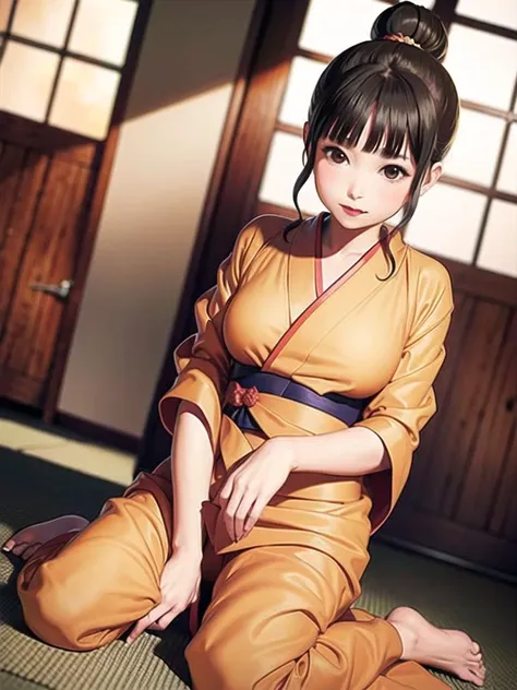 1girl, solo,(best quality),(masterpiece:1.1), full body, looking_at_viewer, dynamic angle, orange kimono, cute, clear facial skin,