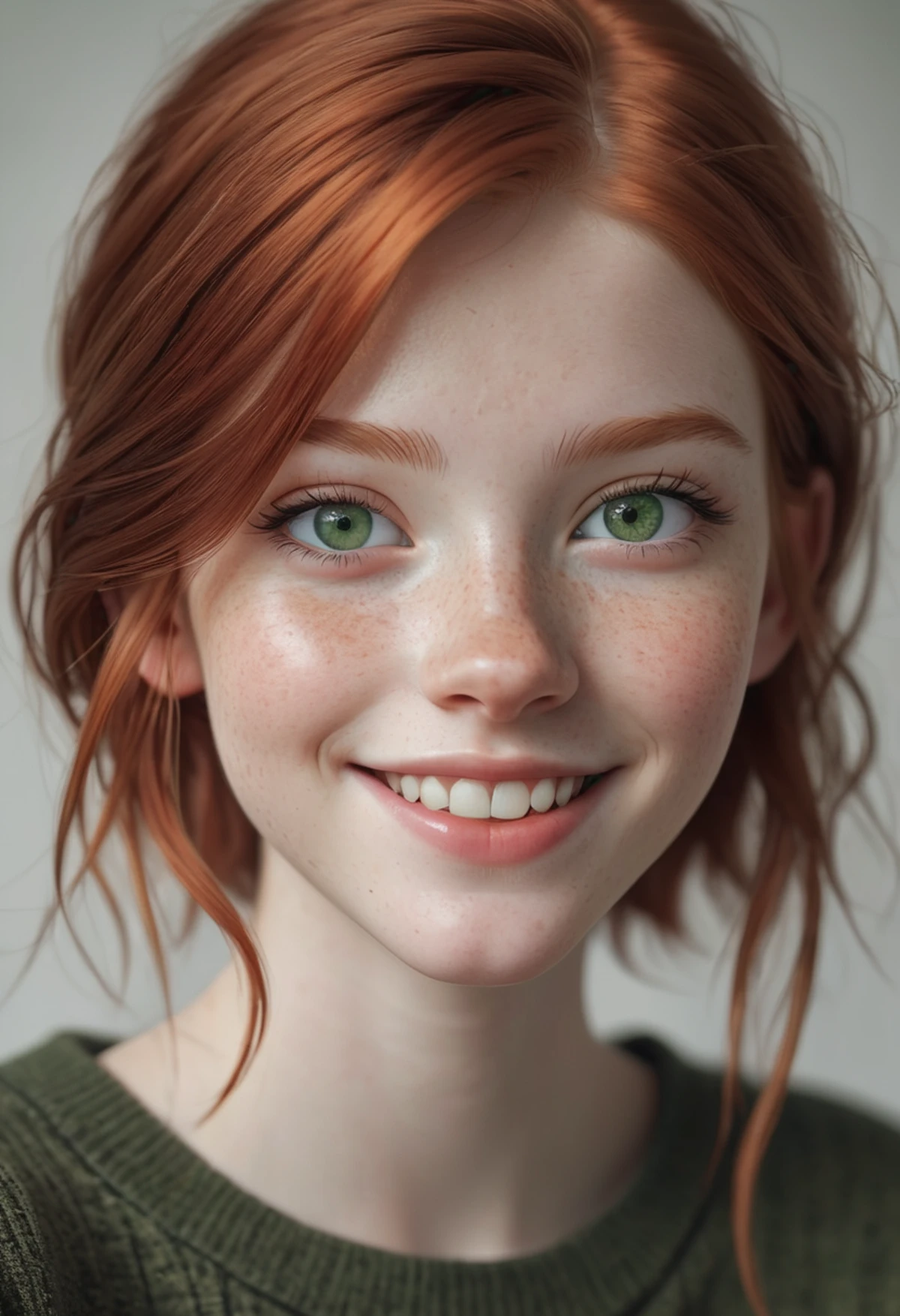 (photorealistic:1.4), (best quality), instagram photo, A photo of an American 18 year old, white pale skin, realistic detailed skin texture, (freckles:0.5), medium length red hair, big green eyes, doe eyes, genuine smile, glossy eyes, ultra detailed, atmospheric, Masterpiece, clarity, Cinematic, Film Grain, elegant, hyper realistic, super detailed, <lora:add-detail-xl:1>, <lora:DetailedEyes_V3:0.33>