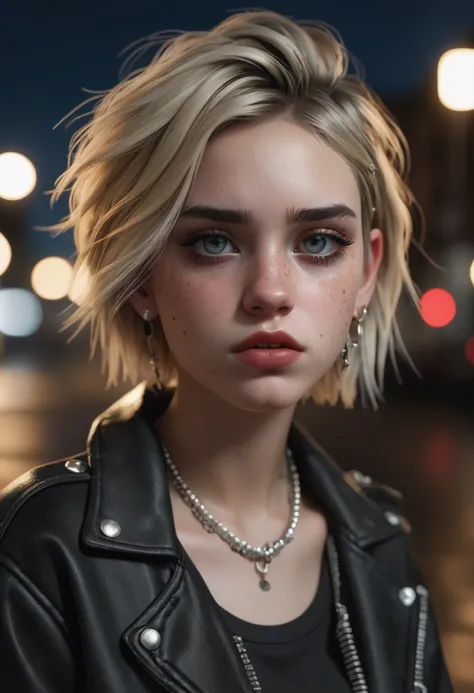 realistic, (full body:1.33), portrait of an American female in her late teens, (rebel, punk, lip piercings:1.3), (freckles:0.55),  night, drunk, sad, short blonde lob hairstyle, smudged makeup, ultra detailed, Masterpiece, realistic detailed skin texture, clarity, Cinematic, Film Grain, elegant, hyper realistic, super detailed,<lora:add-detail-xl:1>