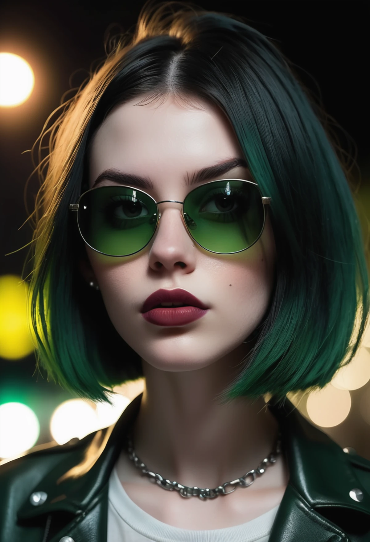 realistic, dark atmosphere, portrait, enticing American female in her late s, pale skin, sexy appearance, nighttime, (huge breasts, simple makeup, glossy lips), (imperfect skin, (piercings):1.3), (blemishes, dark green ombre bob hairstyle:1.15), Wearing punk clothes, sunglasses, ultra-detailed, elegant, hyper-realistic, cinematic, film grain,<lora:add-detail-xl:1.5>
