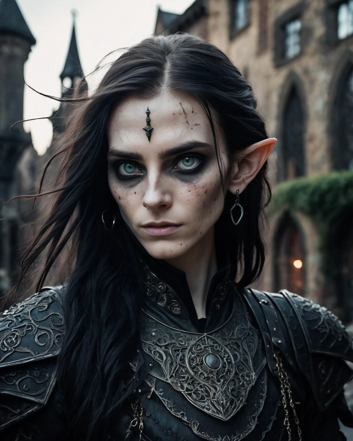 skinny 30 years old androgynous male femboy elf person defiant wielding glaive, wearing messy worn black scale-armor, messy long hair, harrowed intricate eyes, elven pointy ears, gothic fantasy cityscape background <lora:add-detail-xl:1> dramatic lighting shadow dark, digital, fantasy, gothic, horror, messy, surreal, cinematic hue, moonlit, RAW candid cinema, 16mm, color graded portra 400 film, remarkable color, ultra realistic, textured skin, remarkable detailed pupils, realistic dull skin noise, visible skin detail, skin fuzz, dry skin, shot with cinematic camera <lora:add-detail-xl:1>