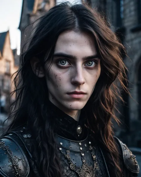 skinny 30 years old androgynous male femboy person, wearing messy worn black scale-armor, messy long hair, harrowed intricate eyes, gothic fantasy cityscape background <lora:add-detail-xl:1> dramatic lighting shadow dark, digital, fantasy, gothic, horror, messy, surreal, cinematic hue, moonlit, RAW candid cinema, 16mm, color graded portra 400 film, remarkable color, ultra realistic, textured skin, remarkable detailed pupils, realistic dull skin noise, visible skin detail, skin fuzz, dry skin, shot with cinematic camera <lora:add-detail-xl:1>