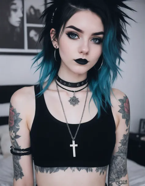 RAW photo, photograph of a Qubcoise 20 years old woman, (detailed facial features), gorgeous face, grunge style, standing in her messy bedroom, pale skin, wearing eyeliner, grainy, (high detailed skin:1.2), goth, scene hair, (emo girl), teased hair, wearing bracelets, wearing choker necklace, Instagram, colorized, ((detailed face)), selfie