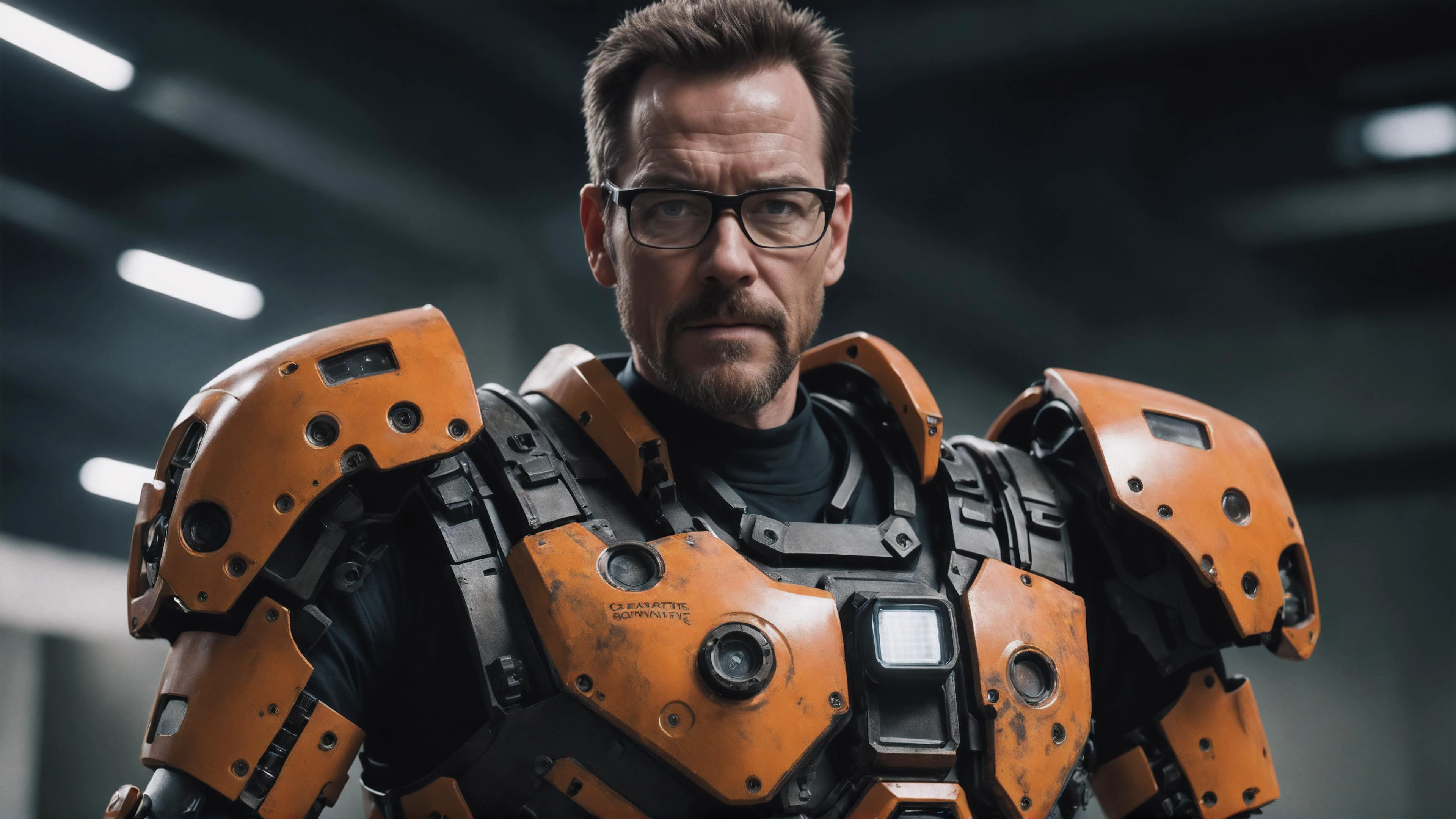 Cinematic photo Bryan Cranston as Gordon freeman from half life, wearing mech armor, dark cinematic hue <lora:add-detail-xl:1> precision machined parts, intricate, RAW candid cinema, 16mm, color graded portra 400 film, remarkable color, ultra realistic, textured skin, remarkable detailed pupils, realistic dull skin noise, visible skin detail, skin fuzz, dry skin, shot with cinematic camera