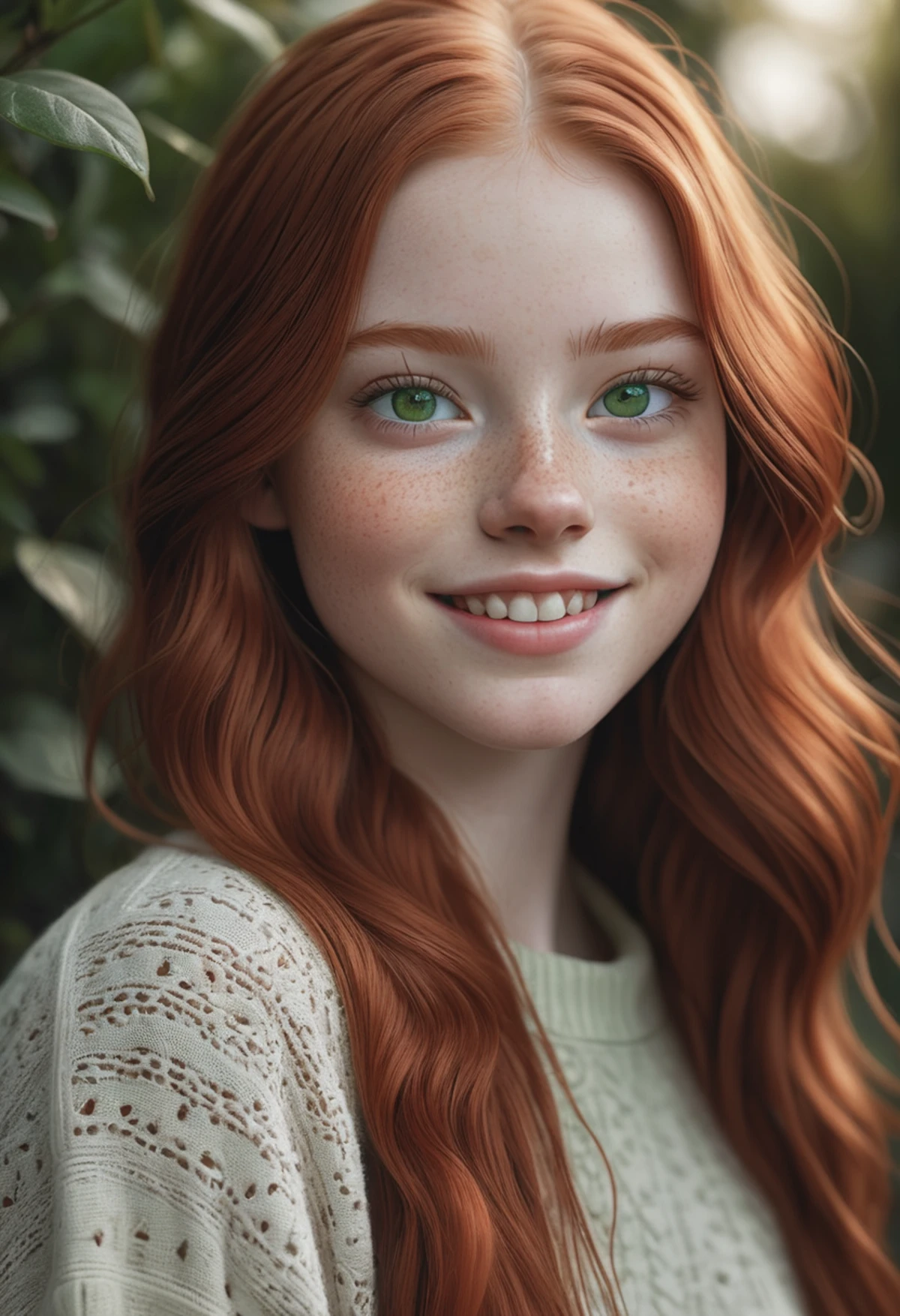 (photorealistic:1.4), (best quality), instagram photo, A photo of an American 18 year old, white pale skin, realistic detailed skin texture, (freckles:0.5), medium length red hair, big green eyes, doe eyes, genuine smile, glossy eyes, ultra detailed, atmospheric, Masterpiece, clarity, Cinematic, Film Grain, elegant, hyper realistic, super detailed, <lora:add-detail-xl:1>, <lora:DetailedEyes_V3:0.33>
