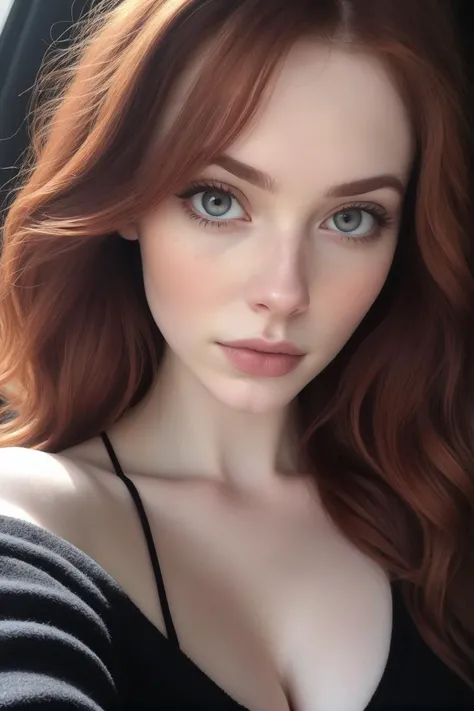 Cropped out face, A up close iphone selfie photo of a half american half french 25 year old white pale skin auburn hair, showing cleavage, big breasts, ultra detailed, dramatic, atmospheric, Masterpiece, detailed skin texture, (blush:0.2), (goosebumps:0.3), dark cinematic hue, clarity, instagram