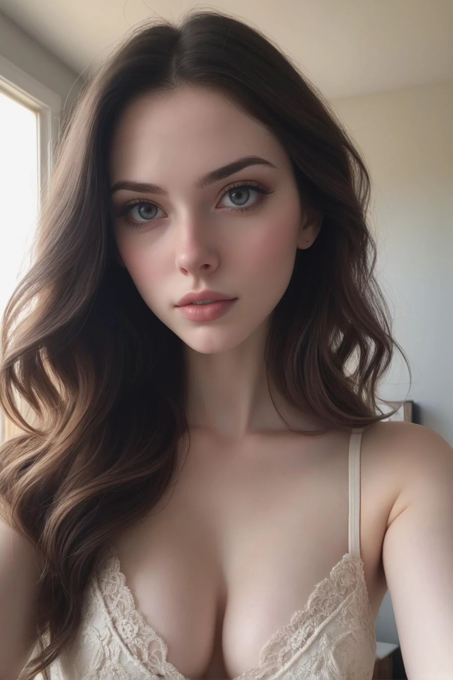 Cropped out face, A up close iphone selfie photo of a half american half french 25 year old white pale skin brunette hair, showing cleavage, big breasts, ultra detailed, dramatic, atmospheric, Masterpiece, realistic detailed skin texture, (blush:0.2), (goosebumps:0.3), dark cinematic hue, clarity, Instagram <lora:add-detail-xl:1>
