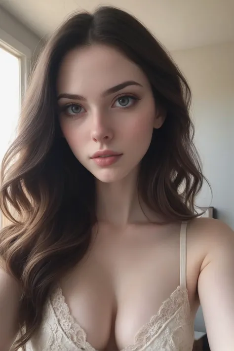 Cropped out face, A up close iphone selfie photo of a half american half french 25 year old white pale skin brunette hair, showing cleavage, big breasts, ultra detailed, dramatic, atmospheric, Masterpiece, realistic detailed skin texture, (blush:0.2), (goosebumps:0.3), dark cinematic hue, clarity, Instagram <lora:add-detail-xl:1>