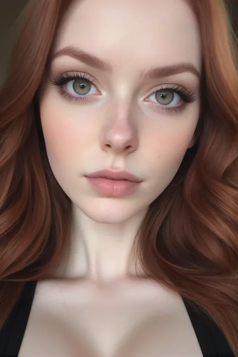 Cropped out face, A up close iphone selfie photo of a half american half french 25 year old white pale skin auburn hair, showing cleavage, big breasts, ultra detailed, dramatic, atmospheric, Masterpiece, detailed skin texture, (blush:0.2), (goosebumps:0.3), dark cinematic hue