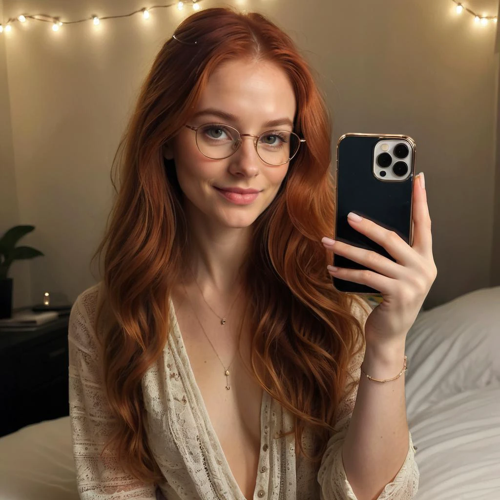 <lora:iphone_mirror_selfie_v01b:1>
((very grainy low resolution:1.2)) iphone mirror selfie
redhead long flowing hair, woman holding iphone pro bedroom at night, cluttered, messy, ((petite)) slight smile, wearing glasses, sitting,
(soft lighting, fairy string lights,), low key dark lighting,