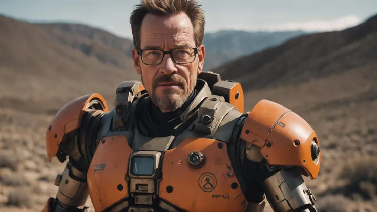 Cinematic photo Bryan Cranston as Gordon freeman from half life, wearing mech armor, dark cinematic hue <lora:add-detail-xl:1>, RAW candid cinema, 16mm, color graded portra 400 film, remarkable color, ultra realistic, textured skin, remarkable detailed pupils, realistic dull skin noise, visible skin detail, skin fuzz, dry skin, shot with cinematic camera