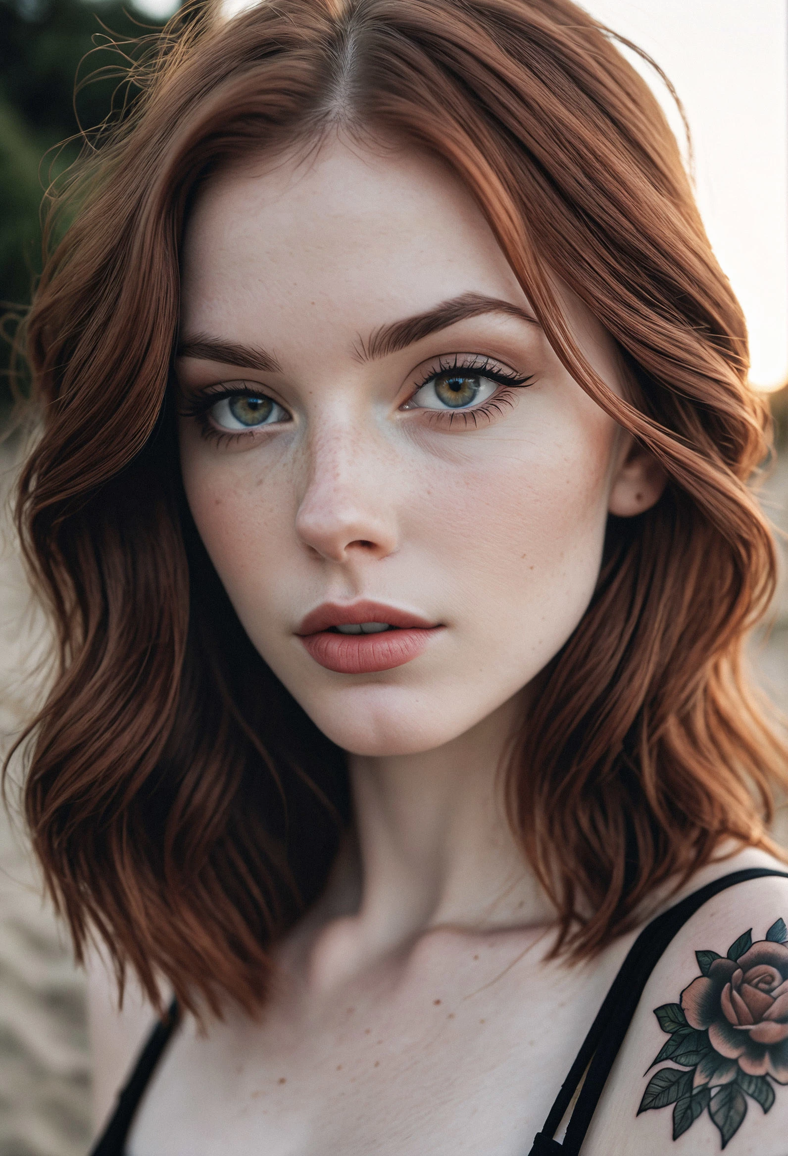 Cropped out face, A up close selfie photo of a half american half french 25 year old white pale skin, auburn hair, showing cleavage, ultra detailed, dramatic, atmospheric, Masterpiece cinematic, clarity, <lora:add-detail-xl:1>, 16mm, color graded portra 400 film, remarkable color, lip gloss, eyeliner, tattoos, hair follicles, subcutaneous veins, (cellulite), warm sunset on the northern coast of France