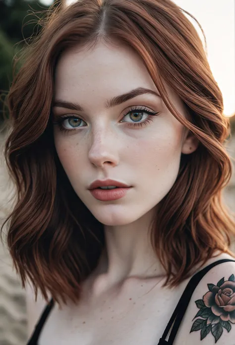 Cropped out face, A up close selfie photo of a half american half french 25 year old white pale skin, auburn hair,  showing cleavage, ultra detailed, dramatic, atmospheric, Masterpiece cinematic, clarity, <lora:add-detail-xl:1>, 16mm, color graded portra 400 film, remarkable color, lip gloss, eyeliner, tattoos, hair follicles, subcutaneous veins, (cellulite), warm sunset on the northern coast of France