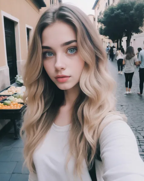 iphone selfie Photograph of A immature:0.7, pretty (nubile) blonde 21 female, selfie , posing, (yoga pants), (Ancient Rome street vendor) ,  full body,  pretty reflective eyes, eyeliner, mascara, egirl, foundation, detailed skin texture, (blush:0.5), (goosebumps:0.5), hair follicles DDLG acuvue RAW candid cinema, 16mm, color graded portra 400 film