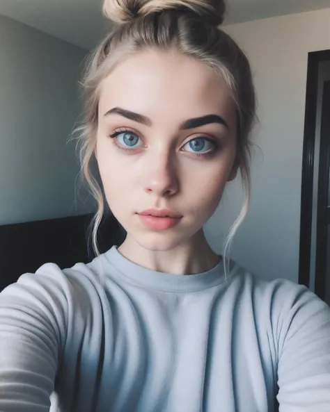 iphone selfie Photograph of A immature:0.7, pretty (nubile) blonde 21 female, hair bun, selfie , posing, (yoga pants), Ancient Rome ,  full body,  pretty reflective eyes, eyeliner, mascara, egirl, breasts have puffy nipples, foundation, detailed skin texture, (blush:0.5), (goosebumps:0.5), hair follicles DDLG acuvue RAW candid cinema, 16mm, color graded portra 400 film