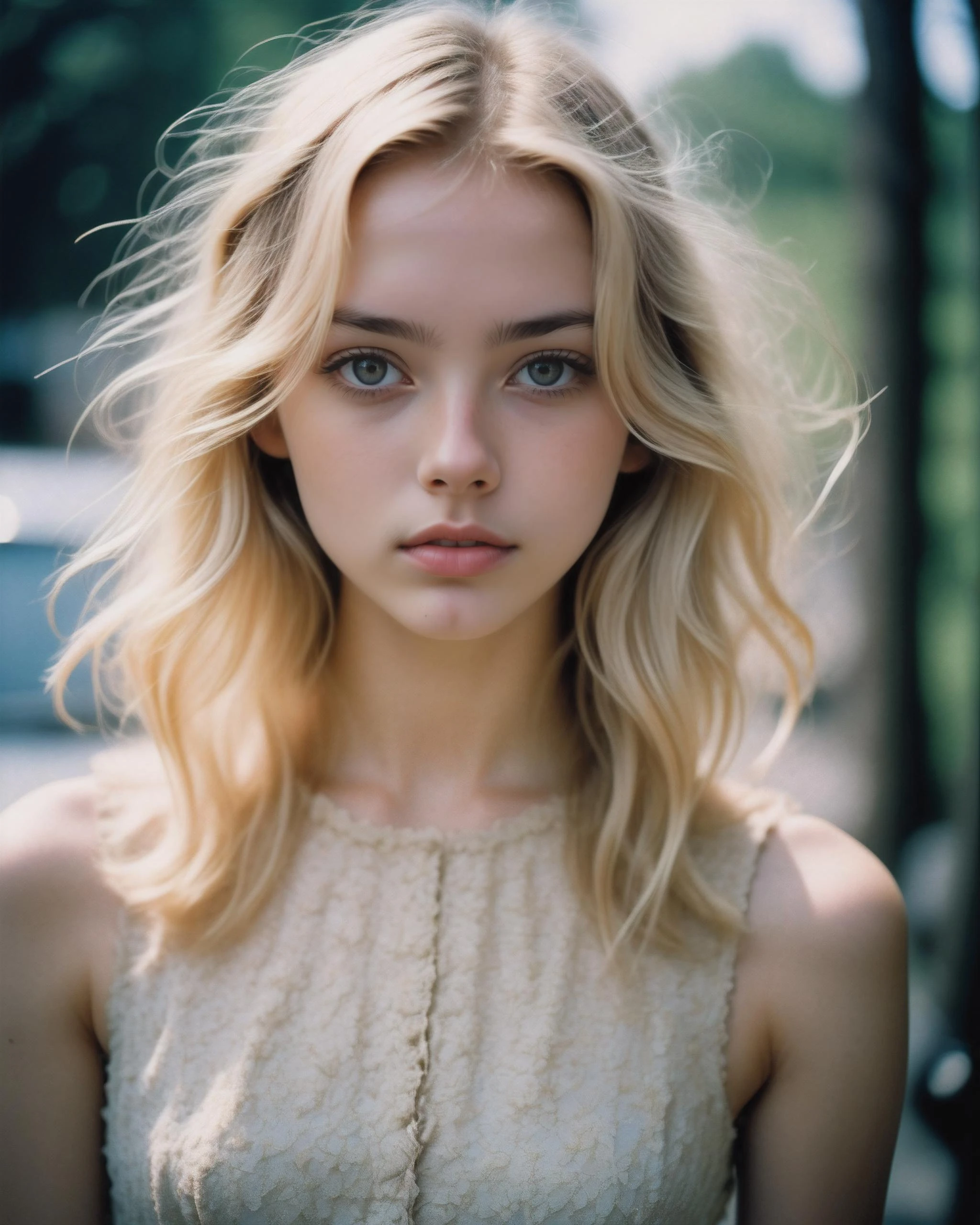 Photograph of pretty blonde female immature wearing dress cinematic hue, RAW candid cinema, 16mm, color graded portra 400 film, remarkable color, ultra realistic, textured skin, remarkable detailed pupils, realistic dull skin noise, visible skin detail, skin fuzz, dry skin, shot with cinematic camera
