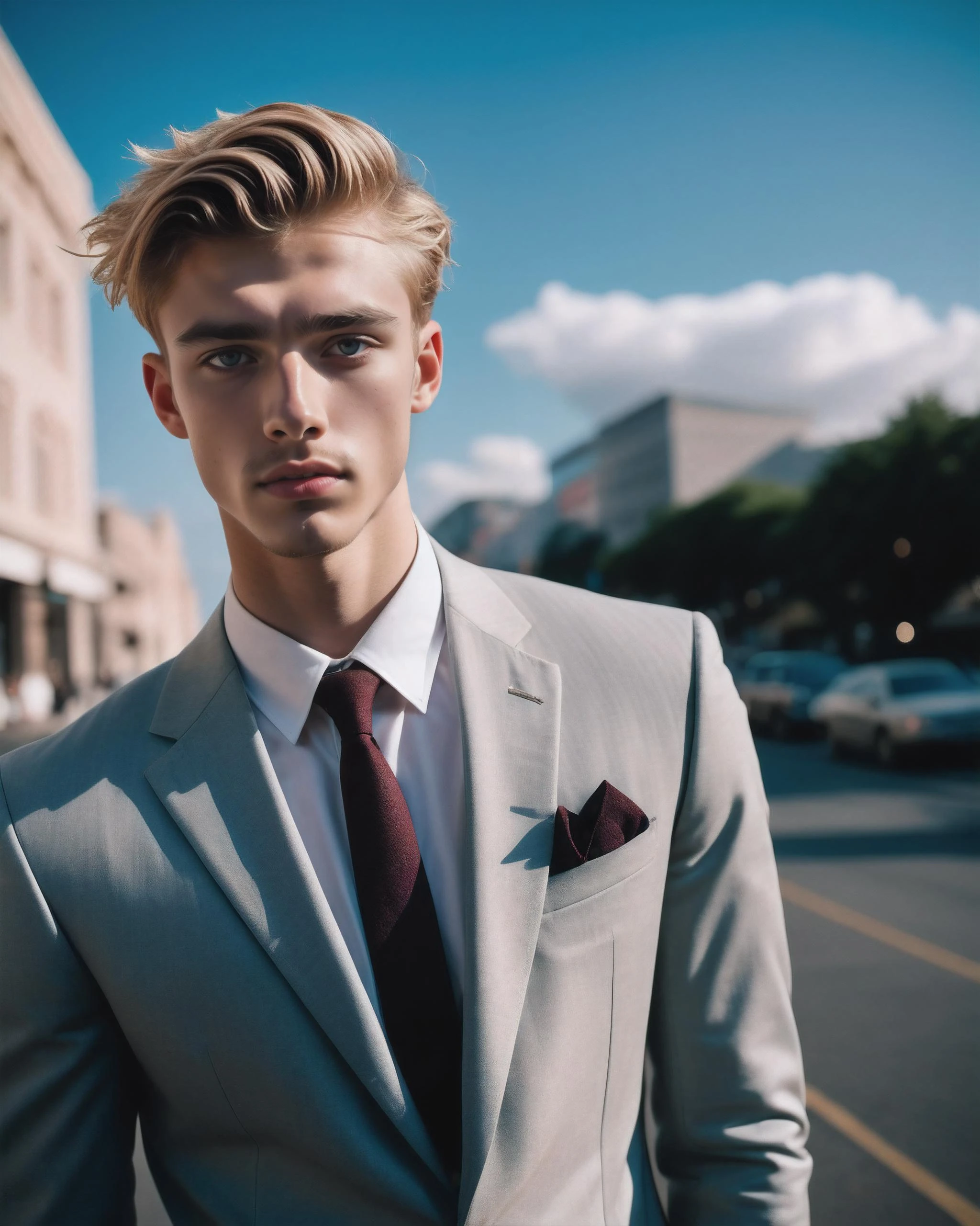 long shot scenic professional photograph of Photograph of pretty blonde male immature wearing formal clothes cinematic hue, RAW candid cinema, 16mm, color graded portra 400 film, remarkable color, ultra realistic, textured skin, remarkable detailed pupils, realistic dull skin noise, visible skin detail, skin fuzz, dry skin, shot with cinematic camera, model pose, perfect viewpoint, highly detailed, wide-angle lens, hyper realistic, with dramatic sky, polarizing filter, natural lighting, vivid colors, everything in sharp focus, HDR, UHD, 64K