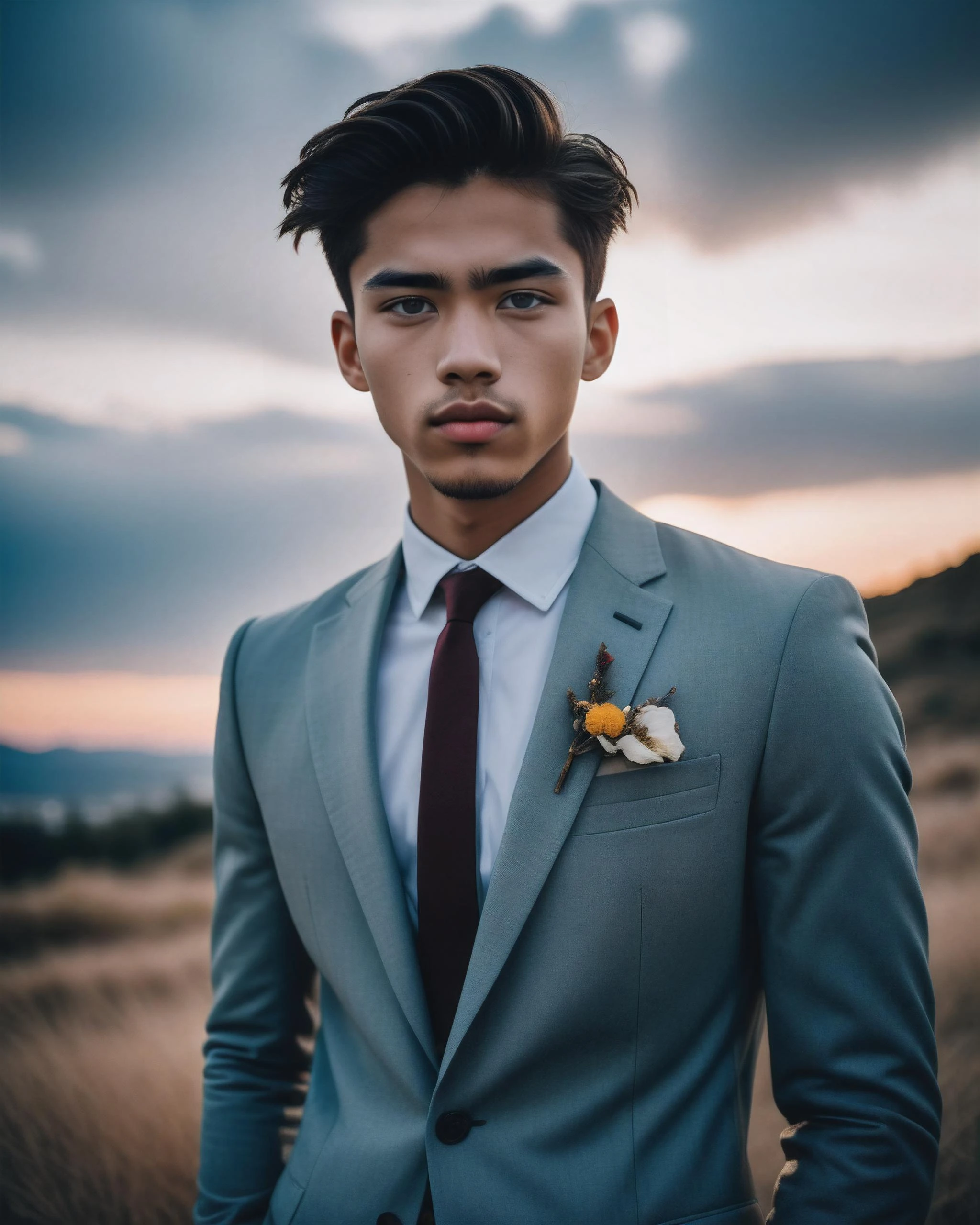 long shot scenic professional photograph of Photograph of pretty male immature wearing formal clothes cinematic hue, RAW candid cinema, 16mm, color graded portra 400 film, remarkable color, ultra realistic, textured skin, remarkable detailed pupils, realistic dull skin noise, visible skin detail, skin fuzz, dry skin, shot with cinematic camera, model pose, perfect viewpoint, highly detailed, wide-angle lens, hyper realistic, with dramatic sky, polarizing filter, natural lighting, vivid colors, everything in sharp focus, HDR, UHD, 64K