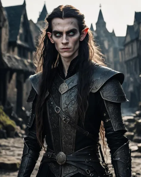 skinny 30 years old androgynous male femboy elf person defiant wielding glaive, wearing messy worn black scale-armor, messy long hair, harrowed intricate eyes, elven pointy ears, gothic fantasy cityscape background <lora:add-detail-xl:1> dramatic lighting shadow dark, digital, fantasy, gothic, horror, messy, surreal, cinematic hue, moonlit, RAW candid cinema, 16mm, color graded portra 400 film, remarkable color, ultra realistic, textured skin, remarkable detailed pupils, realistic dull skin noise, visible skin detail, skin fuzz, dry skin, shot with cinematic camera <lora:add-detail-xl:1>