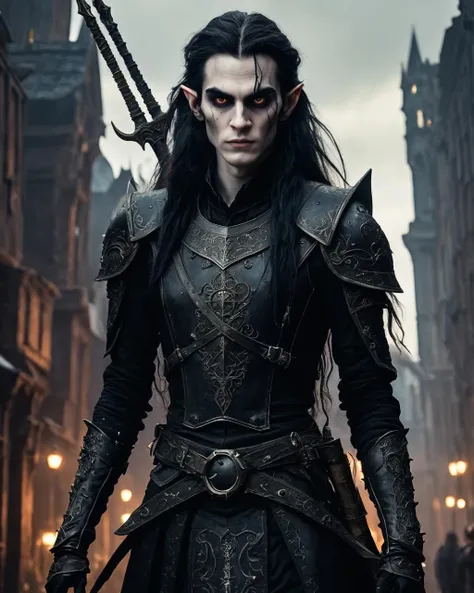 skinny 30 years old androgynous male femboy elf person defiant wielding glaive, wearing messy worn black scale-armor, messy long hair, harrowed intricate eyes, elven pointy ears, gothic fantasy cityscape background <lora:add-detail-xl:1> dramatic lighting shadow dark, digital, fantasy, gothic, horror, messy, surreal, cinematic hue, moonlit, RAW candid cinema, 16mm, color graded portra 400 film, remarkable color, ultra realistic, textured skin, remarkable detailed pupils, realistic dull skin noise, visible skin detail, skin fuzz, dry skin, shot with cinematic camera <lora:add-detail-xl:1>