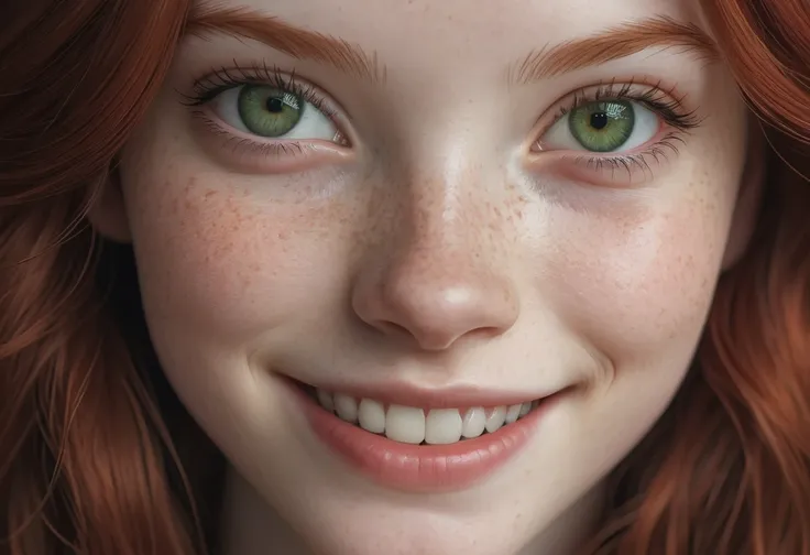 (photorealistic:1.4), (best quality), instagram photo, A photo of an American 18 year old, white pale skin, realistic detailed skin texture, (freckles:0.5), medium length red hair, big green eyes, doe eyes, genuine smile, glossy eyes, ultra detailed, atmospheric, Masterpiece, clarity, Cinematic, Film Grain, elegant, hyper realistic, super detailed, <lora:add-detail-xl:1>,  <lora:DetailedEyes_V3:0.33>