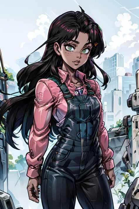 <lora:AnneRunwaygirl:0.8> annerunwaygirl, 1girl, black hair, freckles, solo, dark skin, dark-skinned female, overalls, pink shirt, long hair, dark green eyes,