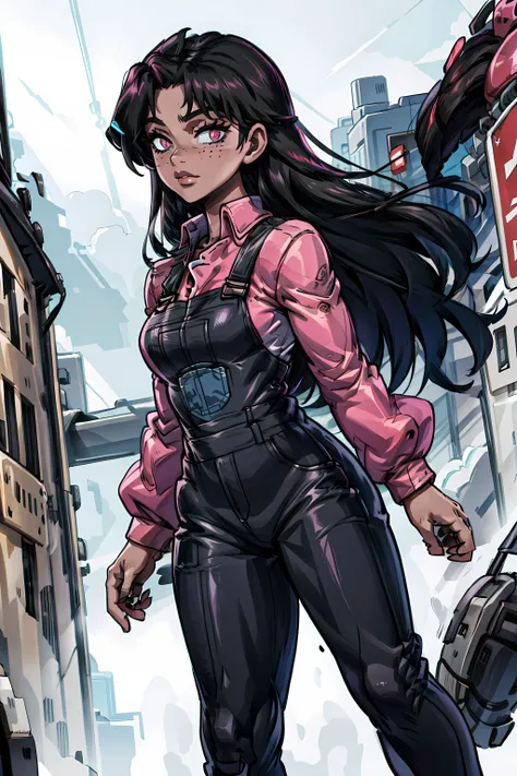 <lora:AnneRunwaygirl:0.8> annerunwaygirl, 1girl, black hair, freckles, solo, dark skin, dark-skinned female, overalls, pink shirt, long hair,