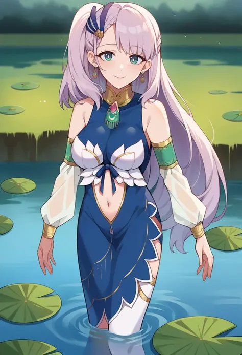 score_9, score_6_up, source_anime, 1girl, solo, dawn, standing, partially submerged, ReineBase, bright pupils, long hair, side ponytail, feather hair ornament, earrings, blue dress, navel cutout, detached sleeves, white thighhighs, lake, lily pad, light smile, mature <lora:CHAR-PavoliaReinePonyXL:1>