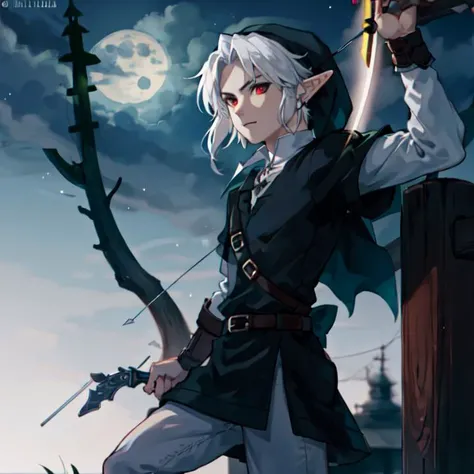 1boy, solo, focus, <lora:DarkLinkLORATheLegendOfZelda_v4>, DarkLinkV4, night, fullmoon, bow, arrow