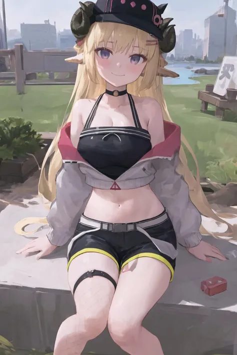 masterpiece,highres,best quality,(tsunomaki watame:1.1),crop top,black shirt,black choker,outdoors,city,sheep horns,white jacket,black shorts,long hair,large breasts,purple eyes,sneakers,sitting,smile,closed mouth,hat,looking at viewer