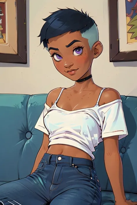 (western cartoon, western animation, cartoon, retro cartoon, vintage cartoon), masterpiece, best quality, absurd res, character focus, sharp focus, character enhance, highly detailed facial features, highly detailed eyes, intricately detailed, beautiful, alluring, charming, cute, adorable, perfect face, very long hair, BREAK, 1girl, solo, RileyFairfeather, <lora:Riley_Fairfeather_gc_v4:0.8>, extremely short black and blue hair, purple eyes, torso shot, (cute, adorable, 19 year old, sitting on a couch, (wearing a white spaghetti strap shirt and blue jeans)), (upright, sitting, centered),