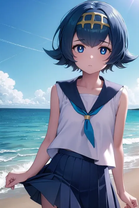 pokemonlana, <lyco:pokemonlana-lyco-nochekaiser:1>,
pokemonlana, blue eyes, blue hair, freckles, hairband, short hair, white pupils, yellow hairband, (bright pupils:1.5),
BREAK bare arms, black thighhighs, blue sailor collar, blue skirt, collarbone, one-piece swimsuit, pleated skirt, sailor collar, shirt, skirt, sleeveless, sleeveless shirt, swimsuit, swimsuit under clothes, thighhighs, white shirt,
BREAK looking at viewer, full body, (cowboy shot:1.5),
BREAK outdoors, beach, ocean, sea,
BREAK <lyco:GoodHands-beta2:1>, (masterpiece:1.2), best quality, high resolution, unity 8k wallpaper, (illustration:0.8), (beautiful detailed eyes:1.6), extremely detailed face, perfect lighting, extremely detailed CG, (perfect hands, perfect anatomy),