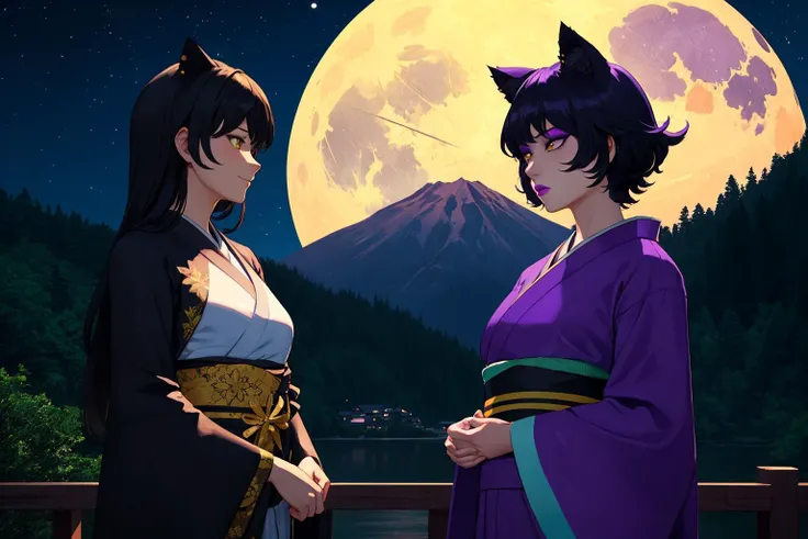 masterpiece:1.2, best quality, mountain, Japanese buildings, night, full moon, 2girls standing on bridge facing each other, BREAK, <lora:Belladonna:0.8>, Belladonna, cat ears, long hair, black kimono, medium breasts, black hair, yellow eyes, side view, up close, standing, smiling, BREAK <lora:Kali:0.8>, KaliBelladonna,mature female, 40yo, cat ears, black hair, short hair, blunt bangs, lipstick, (purple makeup:1.1), black eyeshadow, smokey eyes, yellow eyes, cat tail, black kimono