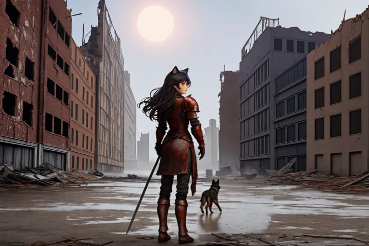 masterpiece:1.2, best quality, post apocalyptic background, city ruins, dusk, 1girl, ((german shepard)), dog, walking beside human, from behind