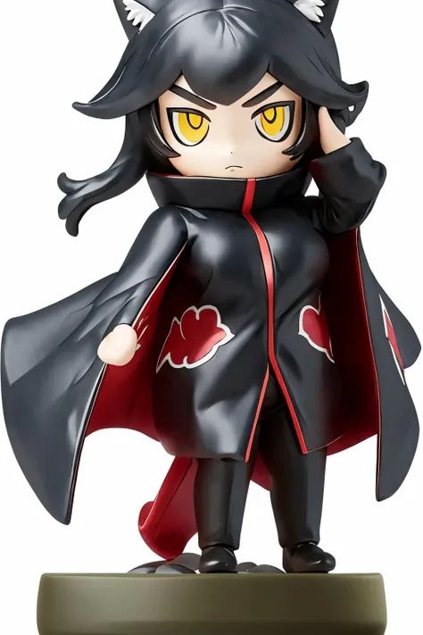 Black, orange, mysterious, cat ears, beautiful orange eyes, closed mouth, smile, large cat ears silhouette hooded cloak, black and orange details, grey hair, long hair, standing pose with hands in cloak, night forest background,