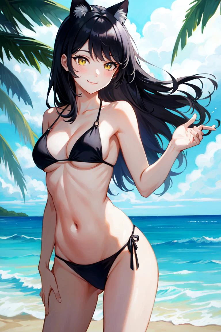 Belladonna, cat ears, 1girl, solo, long hair, medium breasts, black hair, yellow eyes, smile, standing, dynamic pose, <lora:Belladonna:0.8>, 8k, masterpiece, best quality, absurdres, perfect anatomy, cinematic lighting, cowboy shot, (beach, palm trees, bikini),