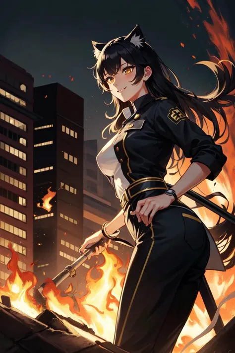 Belladonna, cat ears, 1girl, solo, long hair, medium breasts, black hair, yellow eyes, smile, standing, dynamic pose, <lora:Belladonna:0.8>, 8k, masterpiece, best quality, absurdres, perfect anatomy, cinematic lighting, cowboy shot, (firefighter uniform, pants:1.1), (building in fire, building, city:1.1)