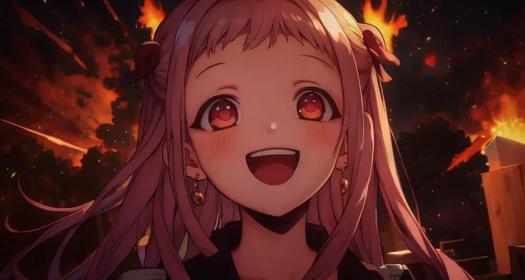 (masterpiece:1.25), (best quality:1.5), yashiro nene, happy, smiling, teeth, explosion in the background, highly detailed, sharp focus, soft lighting, warm colors,