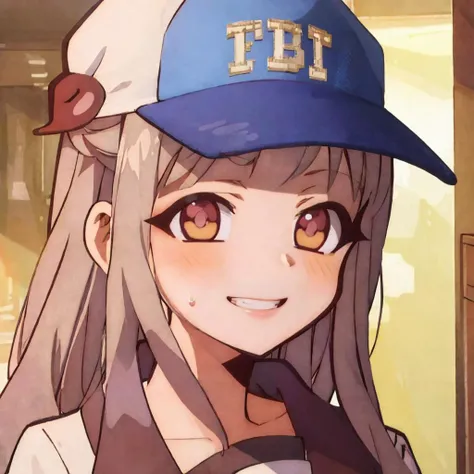 skistyle, fbi hat, fbi, solo, 1girl, smug, grin, sweatdrop, yashiro nene, highly detailed, sharp focus