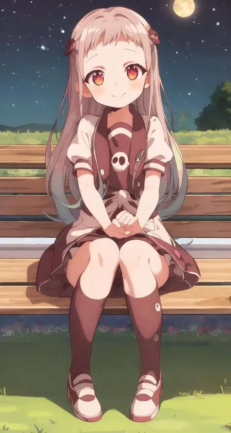 ((Masterpiece)), ((ultra quality)), (fullbody), shoes, pantyhose, <lora:yashiro_nene:.7>, yashiro nene, solo, open mouth, smile, sweat, school uniform, > <, funny expression, sitting on a park bench, moonlight, night time, red eyes, orange eyes