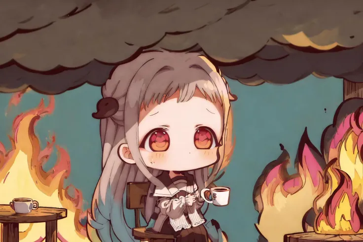 ((Masterpiece)), ((ultra quality)), yashiro nene, thisisfine, <lora:thisisfine:1.15>, table, coffee_mug, steaming coffee, cute, staying positive, surrounded by flames, fire, (sitting:1.25), smoke, (solo:1), (funny expression), (blue lines on face). :d