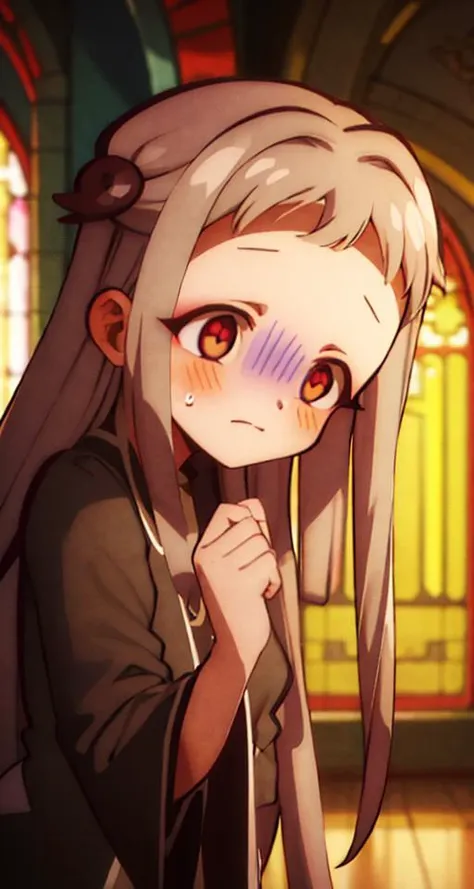 ((Masterpiece)), ((ultra quality)), (priest robes), solo, fullbody, church, chalace, (funny expression), blue lines on face, blush